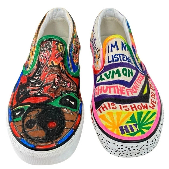 VANS Sneakers Custom Hand Drawn Graffiti Slide On Shoes Women 7.5 Men 6 Upcycled - Picture 3 of 16